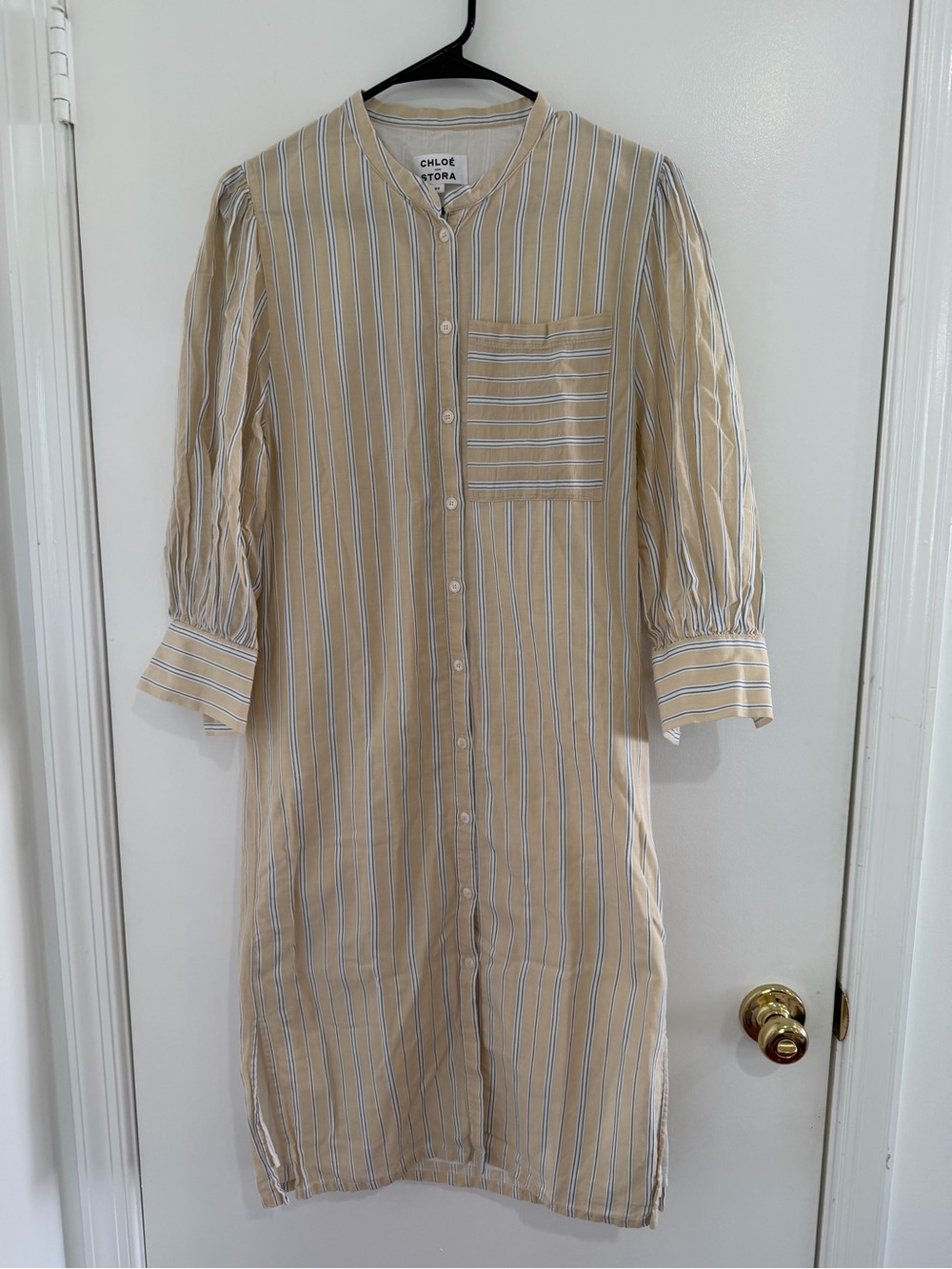 Chloé Stora Beige Striped Cotton Midi Shirt Dress Puff Sleeve Sz 34 Parisian
